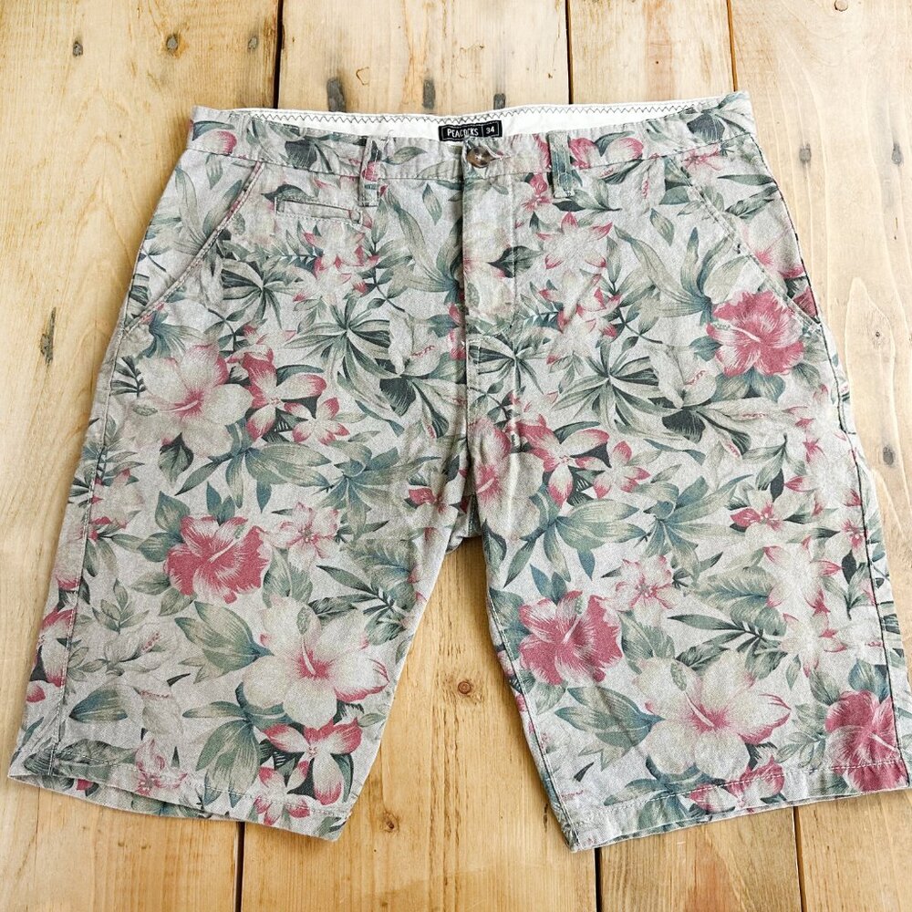 Peacocks Men's Tropical Floral Shirts 34 100% Cotton Green‎ Red